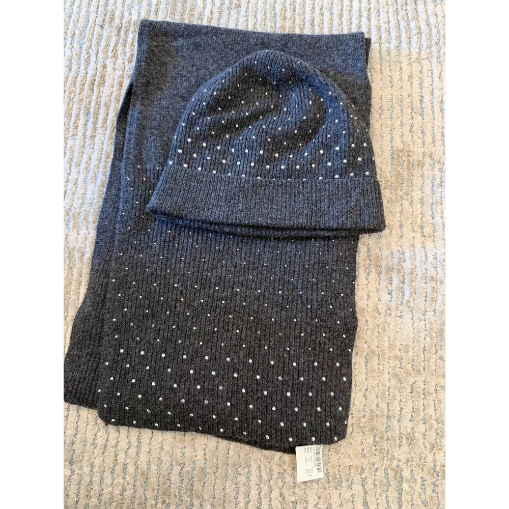 NWT J.Crew Wool Cashmere Blend Hat Scarf Set Grey Crystal Rhinestone Beanie 2pc